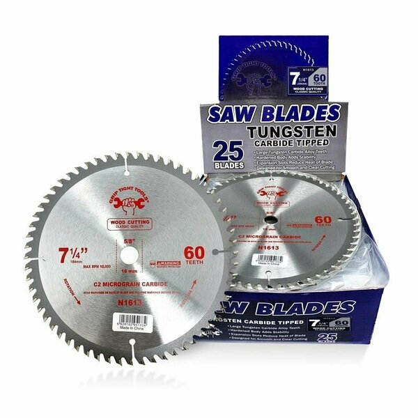 Grip Tight Tools 7-1/4-inch Classic 60-Tooth Tungsten Carbide Tipped Circular Saw Blade, Wood Cutting, 25PK N1613-25
